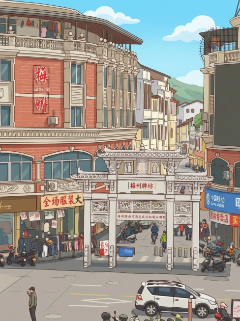 将图片转换为卡通风格，保留街道、牌坊、建筑和人物的细节，色彩明亮，线条圆润预览效果
