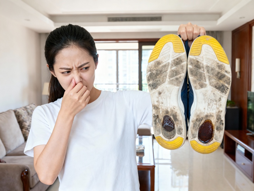 老公的鞋子又脏又臭，年轻的家庭主妇在自己家里捏着鼻子嫌弃脏鞋子的臭味预览效果