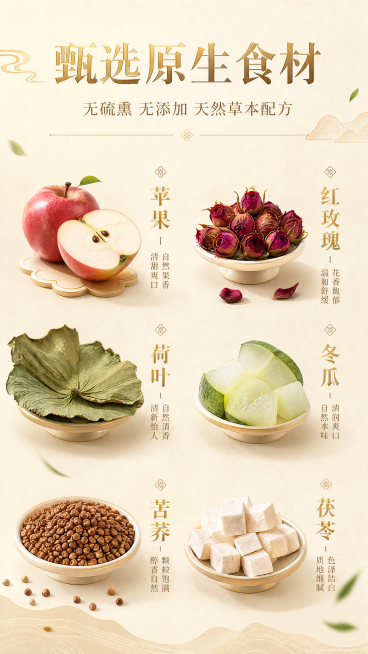 [第2屏] 原生食材卖点展示，油切大肚茶天然草本配方介绍。本屏使用【图1】作为原料参考。
[氛围/风格] 新中式国潮轻奢3D立体渲染风格，低饱和高级国风配色，光影柔和通透，画面干净高级，所有元素均为3预览效果
