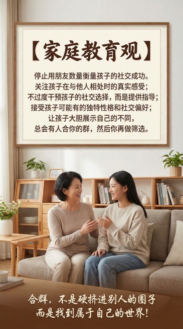 温暖治愈风格家庭教育宣传图，画面中有一位中年中国女性和一位中国女大学生，母女亲切交谈。图片上清晰正确书写中文文字，大标题：“【家庭教育观】”，正文：“停止用朋友数量衡量孩子的社交成功。关注孩子在与他人预览效果