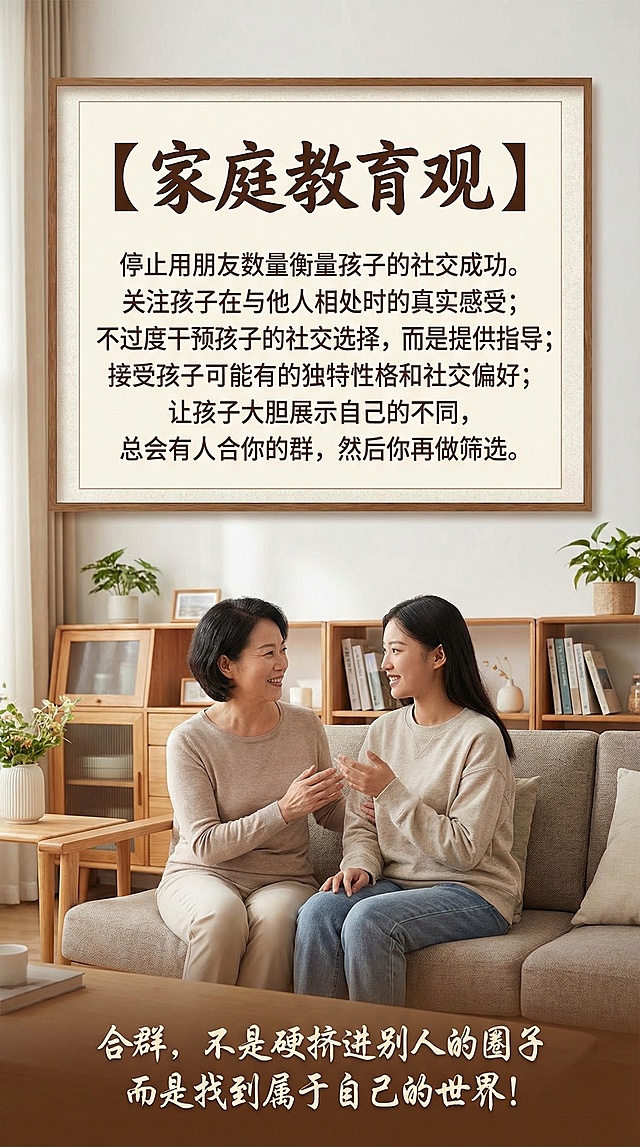 温暖治愈风格家庭教育宣传图，画面中有一位中年中国女性和一位中国女大学生，母女亲切交谈。图片上清晰正确书写中文文字，大标题：“【家庭教育观】”，正文：“停止用朋友数量衡量孩子的社交成功。关注孩子在与他人相处时的真实感受；不过度干预孩子的社交选择，而是提供指导；接受孩子可能有的独特性格和社交偏好；让孩子大胆展示自己的不同，总会有人合你的群，然后你再做筛选。”，底部标语：“合群，不是硬挤进别人的圈子而是找到属于自己的世界！”。所有文字清晰可辨认，书写正确，排版工整。