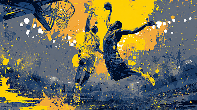 A wide horizontal basketball poster, dynamic action shot. Two powerful basketball players colliding mid-air under the basket, intense struggle. The style is a mixture of dark navy blue and bright yellow ink splatters, grunge textures, and brush strokes, similar to street art. Motion blur effects emphasizing speed. Background is a stylized, wide street court with stadium lights blurred. High energy, explosive composition.