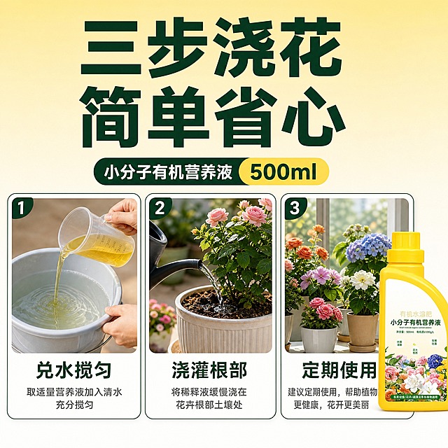 [主图-3] 商品名称「花卉绿植通用有机水溶肥 小分子有机营养液 500ml」，唯一任务：三步图解用法，让人一眼看懂怎么兑水、怎么浇。
[统一基调] 拼多多高点击大字风格：背景为浅暖黄向米白过渡的柔和竖向渐变；主标题深墨绿粗黑体且字号最大，强调数字与关键词使用暖黄圆角色块加深墨绿字，辅助说明为深灰或白色小字；卖点标签与引线说明一律为圆角白卡加深墨绿细描边；全套仅使用一种无衬线黑体，只做字号层级变化；整体明亮干净带阳光感，产品始终是画面最亮最实的主体。
[画面] 上方三分之一为大字标题区；下方横向等宽排三格圆角白卡，每格顶部一个方形实景小图并带序号角标：①一只手握透明量杯向清水桶中倒入营养液，杯口倾斜、液体顺杯壁流下的动作自然，另一只手扶桶沿；②深色浇水壶对准花盆土壤根部浇水，水线落下带真实水痕与湿润泥面；③窗边一排健康花卉作为长期使用结果；小图下方各配一行深墨绿粗字与一行深灰小字；产品实物瓶立在第三格右下与卡片轻微交叠，瓶身完整可见，不出现稀释比例数字。
[光影质感] 窗边自然光加柔光补灯，水面与桶壁有适度高光，产品保持棚拍质感，瓶底有接触阴影，边缘与背景融合自然无硬切残留。
[文字版式] 主标题「三步浇花 简单省心」；三格粗字分别为「兑水搅匀」「浇灌根部」「定期使用」，字号统一且小于主标题一半以上，中文全部横排。
[输出要求] 正方形1:1，2048×2048，文字清晰无错字，手部结构正常；禁止多余手指、畸形手、产品变形、色差、悬浮、画面杂乱、水印、平台Logo、绝对化用语。