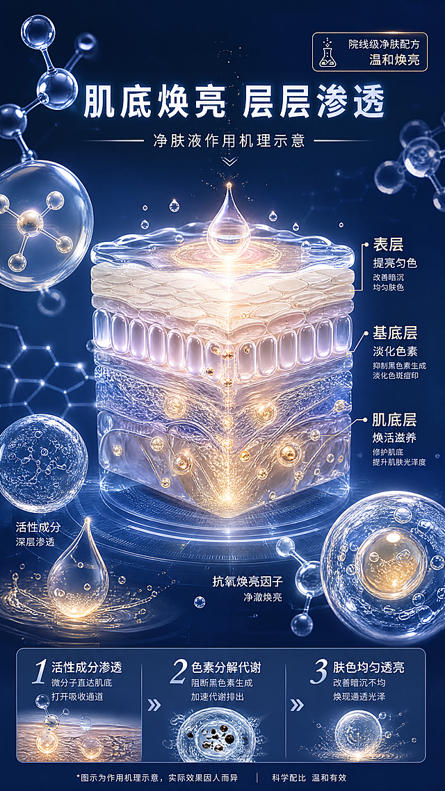 [第3张] 详情页成分功效机理页-肌底焕肤分解黑色素原理可视化。本张为成分机理专页，不强制垫产品外观图。
[氛围/风格] 科研专业感，机理可视化，大尺寸成分元素主视觉，内容丰富，非黑金奢华风。
[元素布局] 画面中央为大型3D透明肌肤层切面示意图，占画面约50%，展示表皮层、基底层、肌底层三层结构；肌底层处有金色活性分子渗透扩散的动态效果；周围环绕大尺寸分子结构、精华液滴、抗氧化活性成分球体，单元素占画面30%以上；右上角有成分名称标签区；底部有三段式功效链路信息条；背景为深蓝紫渐变科研风，有微光粒子和网格线；整体至少4种环境元素：肌肤切面、分子结构、液滴、光粒子网格。
[光影质感] 中心肌肤层自发光效果，分子结构有通透折射光，四周暗角突出中心主体，整体科技光亮感。
[配色色系] 全局底色渐变 #1A2A4A 到 #2E4A7A 深蓝科研调；主色金色活性分子、白色肌肤层；辅助色浅蓝、淡紫；点缀色暖金光斑。
[视角构图] 中心对称构图，阅读动线顶部标题 → 中央机理大图 → 底部三段式功效说明。
[文字版式] 版式为顶部大标题 + 中央机理可视化 + 底部三段链路。主标题「肌底焕亮 层层渗透」，副标题「净肤液作用机理示意」；肌肤层旁标注「表层 提亮匀色」「基底层 淡化色素」「肌底层 焕活滋养」；底部三段式「活性成分渗透 → 色素分解代谢 → 肤色均匀透亮」；成分标签区写「院线级净肤配方 温和焕亮」。文字清晰可读，主标题字号大。
[比例分辨率] 9:16 竖版比例，4K分辨率，文字清晰可辨，高清画质。
[负向提示词] 黑金奢华风格，水印，文字错乱，文字过小，医疗化承诺，元素过小点缀式，背景杂乱，分子模糊。