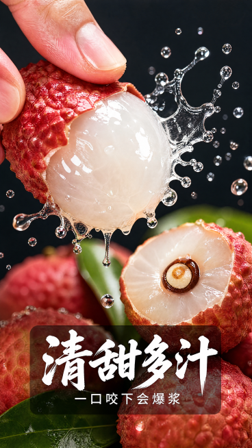 [第5屏] 海南妃子笑荔枝清甜爆汁口感展示。8K超高速摄影，深灰背景突出主体，定格汁水飞溅瞬间。手指撕开荔枝薄皮，捕捉飞溅水珠，旁侧放咬开一半果肉露出小果核横截面，水珠清晰定格，果肉光泽透亮。正面集中预览效果