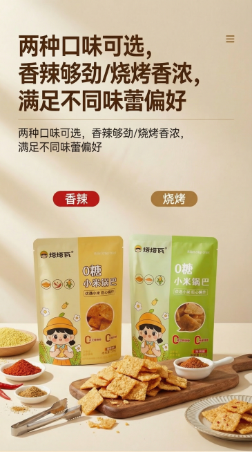 塔塔瓦0糖小米锅巴电商详情页，延续首图设计风格，9:16尺寸，浅米色背景，同时展示香辣和烧烤两种口味的完整包装袋，旁边摆放对应口味的调味料粉和成品锅巴，文字说明"两种口味可选，香辣够劲/烧烤香浓，满足预览效果