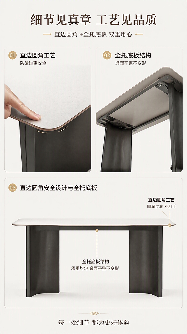 [第6张] 细节工艺页-直边圆角安全设计与全托底板。本张使用【图1】作为产品主体，重点展示桌面边缘圆角工艺与底部全托底板结构。
[氛围/风格] 精致工艺细节风，微距质感，专业严谨，突出工艺细节品质。
[元素布局] 画面采用三宫格细节展示布局；左上格：桌面直边圆角微距特写，手指轻触边缘，展示圆润过渡不刮手；右上格：桌面底部仰视角，展示全托底板结构与脚架连接方式；下方大格：餐桌侧视全貌，标注边缘厚度与全托底板位置；产品外观、颜色、结构与输入图一致。
[光影质感] 柔和侧光突出边缘弧度与厚度，底部仰视角有均匀补光，金属连接件清晰可见，整体精致有质感。
[配色色系] 全局底色#FAF8F5奶白色；主色玉兔白+深灰钛；辅助色浅金点缀、深棕文字。
[视角构图] 三宫格错落布局，左上圆角特写、右上底部结构、下方全貌标注，视觉重心在细节特写。
[文字版式] 顶部居中主标题「细节见真章 工艺见品质」，副标题「直边圆角 + 全托底板 双重用心」；左上格旁标注「直边圆角工艺 防磕碰更安全」；右上格旁标注「全托底板结构 桌面平整不变形」；下方全貌图用引线标注关键工艺点；底部小字「每一处细节 都为更好体验」。
[比例分辨率] 9:16竖版比例，4K分辨率，文字清晰可辨，高清画质。
[负向提示词] 产品变形，结构错误，边缘失真，颜色偏差，水印，文字错乱，文字过小，细节模糊，背景杂乱。