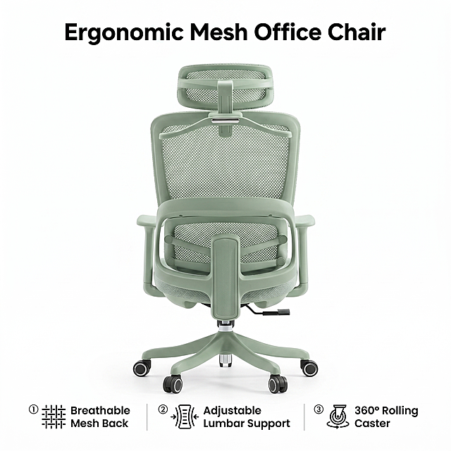 [Main Image 1] Full product back view of ergonomic office chair. Pure white background #FFFFFF. Keep the original light green mesh backrest and nylon base color, material and physical structure 100% consistent with the input image, no distortion or color change. Product occupies 85% of the frame, centered, clean and minimalist. Commercial photography, soft bright studio light, clear product details, high definition texture. [Text Layout] Top center title "Ergonomic Mesh Office Chair" bold black sans-serif font. Bottom 3-column layout, each column has icon + short English text: ① Breathable Mesh Back ② Adjustable Lumbar Support ③ 360° Rolling Caster. Text is black, clear and legible, do not block the product main body. 1:1 square, 2K resolution, no border, no extra decoration. Negative prompt: deformation, watermark, messy text, blurry product, cluttered background.