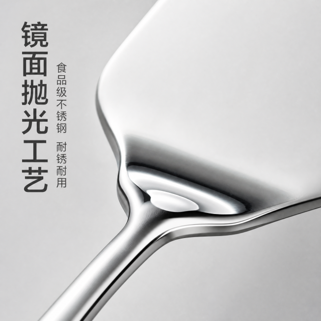 [主图-3] 不锈钢蛋糕铲材质细节品质图。氛围风格：微距特写，突出质感，高级简洁。画质：微距商业摄影，细节清晰锐利，超清质感。元素：特写放大不锈钢蛋糕铲的铲面边缘和手柄连接处，展示镜面抛光工艺，表面光预览效果