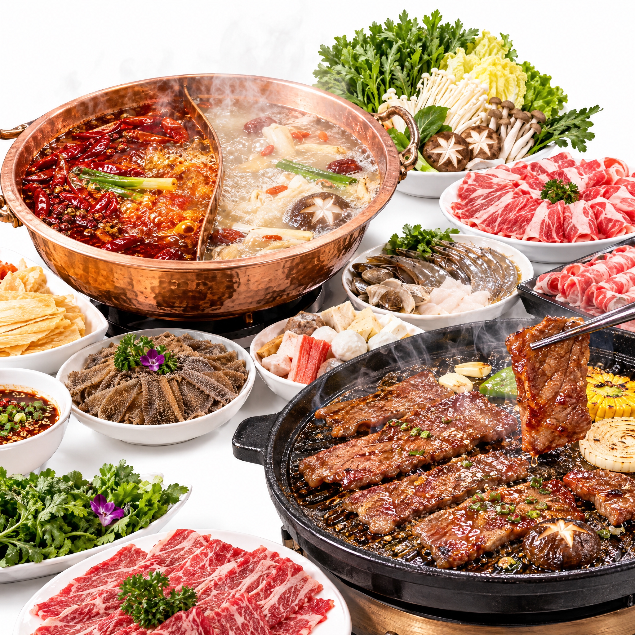 热气腾腾的火锅、滋滋冒油的烤肉，色香味俱全，食材丰富诱人，火锅… - 图片创意预览