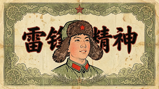 简笔工笔画老课本风格横屏海报，参考图雷锋头像风格，“雷锋精神”文字醒目，搭配淡绿色复古装饰边框，整体充满年代怀旧感
