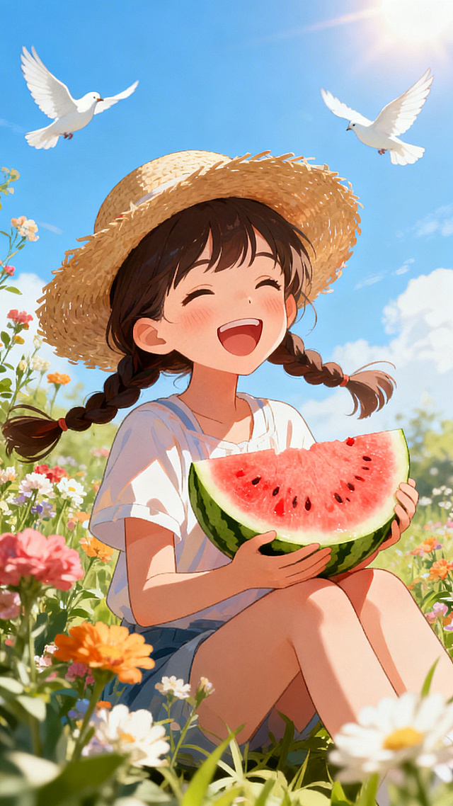 治愈系插画，一个双马尾女孩戴着草帽，抱着一片新鲜多汁的大西瓜开心地咯咯笑，笑容甜美，女孩身边环绕着美丽的花朵，天气晴朗阳光明媚，蓝天上有白鸽飞翔，整体风格治愈温暖