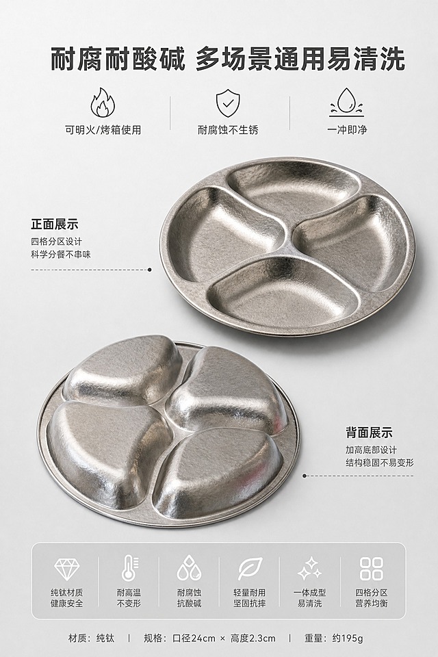 [商品] 使用【图1】背面视角与【图2】正面视角纯钛四分格餐盘；保留圆形轮廓、四格分区、冰花肌理、哑光金属银灰色质感、正反面结构细节；去除所有背景杂物，1:1实物比例，精准还原口径24cm、高度2.3cm，严格还原产品原色原貌与哑光金属质感。
[画面] 耐造多功能性能卖点页，大小层级文字排版，上部居中主标题，中部多角度产品展示（正面+背面错落摆放），下部功能图标分层排布；产品多角度呈现餐具耐用、适配多场景的特性；搭配极简功能图标线条元素，柔和光影烘托产品质感，整体画面干净高级、卖点清晰直观。
[视觉] 套系策略：风格=简约轻奢哑光质感风，大小层级文字排版；标题字=无衬线极简加粗高级字体；正文字=无衬线极简细体；主色=金属银灰色(#B8B8B6)、哑光浅灰(#9C9A97)；背景延展=浅灰哑光渐变背景，同色系深浅过渡；强调色=白色(#FFFFFF)，用于功能图标线条与小面积点缀；标题色=哑光深灰；正文色=中灰；组件=极简线条功能图标、分层卖点卡片；光影=柔和漫射柔光，均匀打亮多角度产品，质感通透。
[文字] 画面上部居中加粗主标题："耐腐耐酸碱 多场景通用易清洗"，大号加粗；下方副标题分层展示三个卖点："可明火/烤箱使用""耐腐蚀不生锈""一冲即净"，每个卖点配一个极简线条图标，横向均匀排布；文字层级分明，重点突出。
[规格] 图片比例2:3竖版，2K分辨率，medium质量；避免2:3构图比例异常、画面元素杂乱、色彩艳丽俗气、产品变形失真、尺寸不标准、文字排版层级混乱、字体臃肿、光影刺眼阴影杂乱、多余水印贴纸网红装饰、模糊噪点画质低劣、风格割裂不统一。