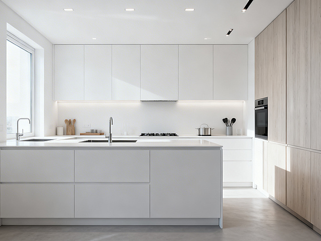 现代简约风格的别墅厨房，采用开放式或半开放式设计，整体以纯白、浅灰和浅木色为主色调，配备极简设计的整体橱柜，功能分区清晰，台面整洁无冗余物品，搭配简洁的厨具和照明设计，空间明亮通透，实用又美观，写实摄影风格，画面清晰有质感