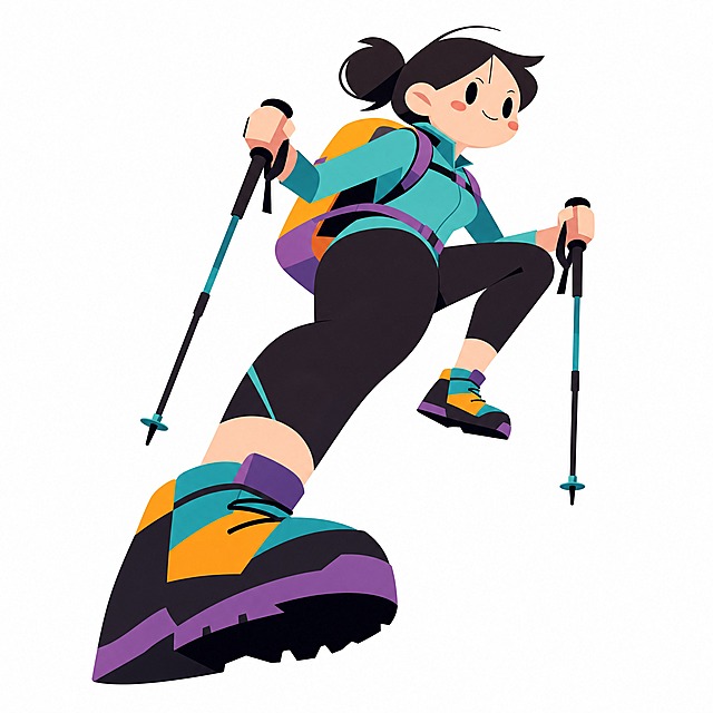 超简约插画风格Q版一头身年轻女性登山者，抽象概括线条，大透视角度，夸张的人物比例，强烈视觉张力，点线面构成，登山穿搭简洁，身穿速干衣和leggings，脚穿登山鞋，手持登山杖，攀登姿势，用几何形状和色块概括人物，白色背景，矢量风格，色彩丰富明快，概括细节，平面插画，全身像