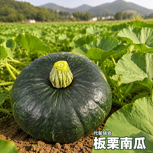 [主图-1] 点击率首图，展示完整板栗南瓜果实，突出食欲和新鲜度；
[氛围风格] 简单农家自然风格，真实产地田野氛围，延续现有农家风格；
[画质] 商业摄影质感、自然光线柔和通透、产品清晰真实、画面干净高级；
[元素] 保留输入产品图中板栗南瓜的完整外观，深绿带浅纹，完整果柄清晰，南瓜直接生长在田间泥土上，周围环绕大张南瓜藤叶子，背景虚化远处山丘和村庄；保持南瓜外观（即物理结构、材质质感、颜色）与输入产品图绝对一致，杜绝任何变形和色差，精细化处理；商品主体占比严格控制在70%左右；画面满屏无边框；
[光影] 自然暖阳斜射，突出南瓜表皮纹理，通透不灰蒙，轮廓清晰，暗部有层次；
[配色] 主色调为自然深浅绿色，泥土棕褐色做背景；
[视角构图] 平视拍摄，景深中等，产品完整不裁切；
[文字版式] 右下负空间右对齐留安全边距，大字粗体写“板栗南瓜”，白色粗体带深绿色描边，上方小字写“代餐辅食”，字号缩小一半，保持清晰不遮挡主体；
[比例分辨率] 1:1 比例，2k 分辨率；文字清晰锐利，画面超高清；
[负向提示词] 变形，文字错乱，产品图模糊，背景杂乱，水印，电商平台Logo，绝对化违禁词，边框色块遮挡主体