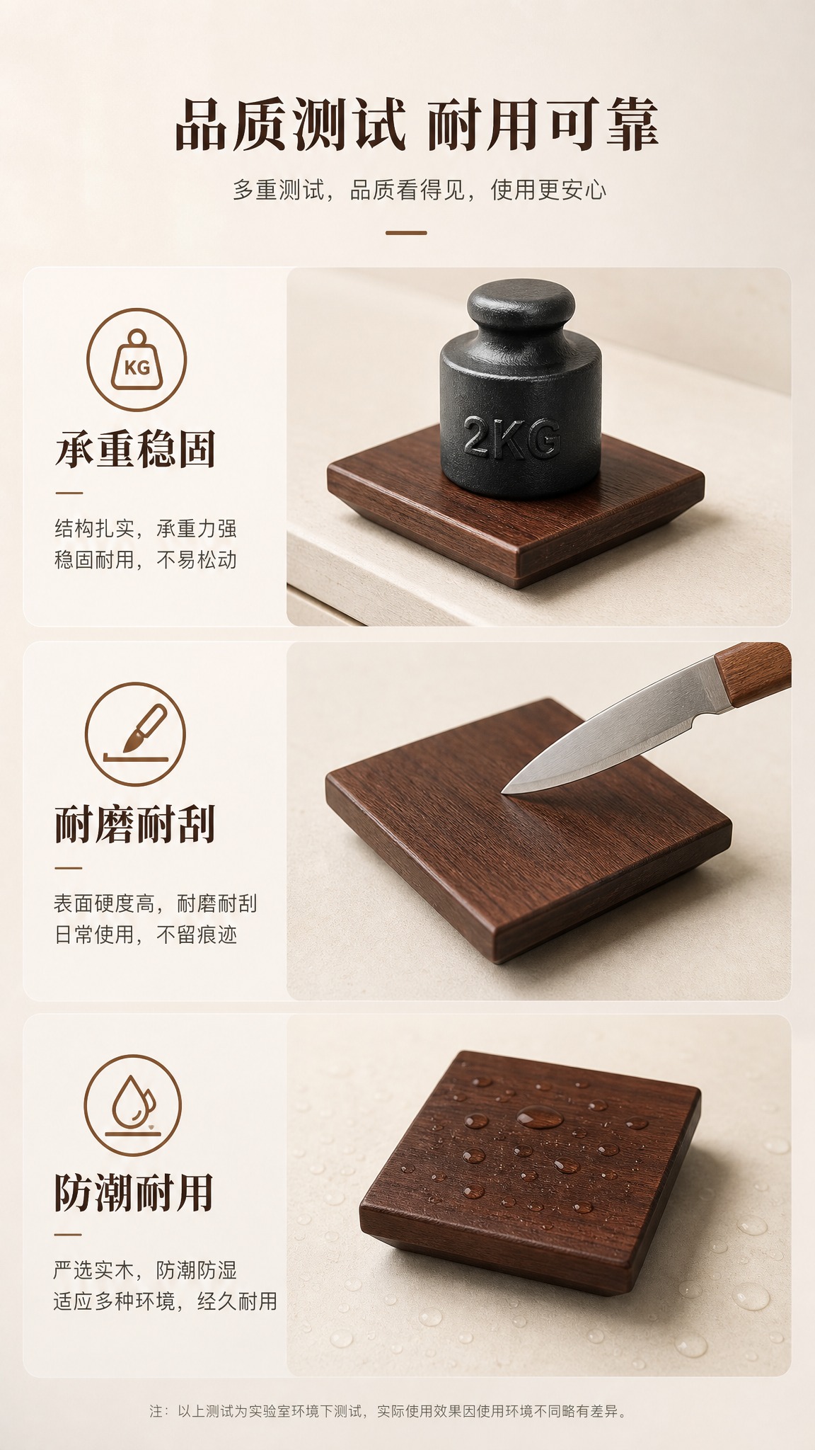 电商详情页品质测试：深胡桃木色方形实木拉手，三项性能展示：承重… - 图片创意预览