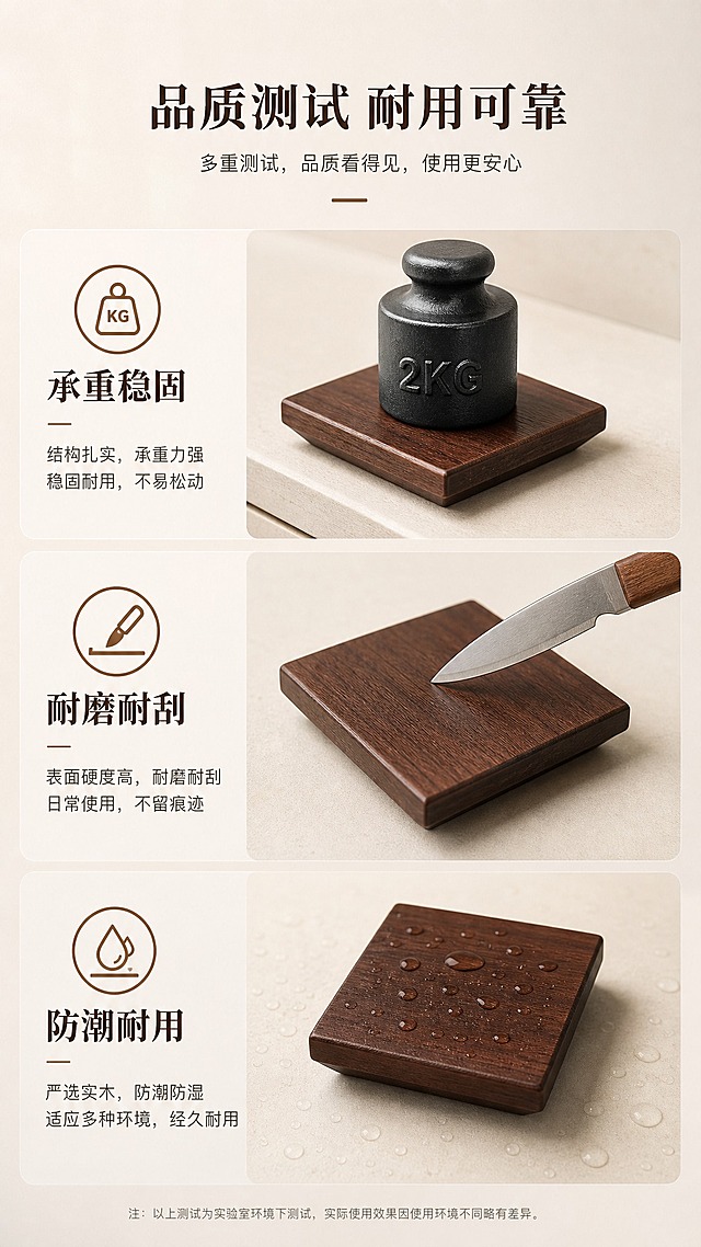 电商详情页品质测试：深胡桃木色方形实木拉手，三项性能展示：承重稳固、耐磨耐刮、防潮耐用。每项配图标和简短说明。标题"品质测试 耐用可靠"。浅米灰背景，暖柔光。9:16竖版，高清。
