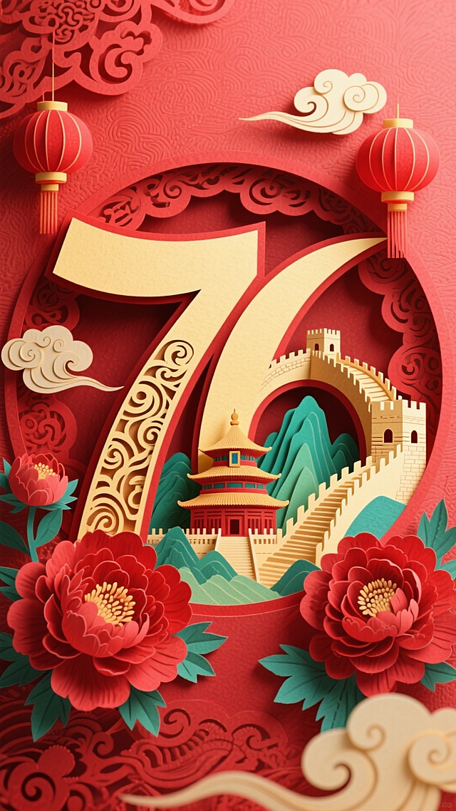 剪纸风与撕纸艺术融合，红色主调烘托喜庆氛围，数字“70”巧妙嵌入长城、亭台与牡丹，展现国潮美学与民族自豪感，浮雕质感凸显微缩艺术的精致细节。
