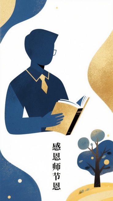 极简主义教师节海报设计，干净的白色背景，几何图形构成的教师形象，单色系配色（深蓝色与金色），负空间设计，简洁有力的"感恩师恩"文字排版，抽象的书本和智慧树元素预览效果