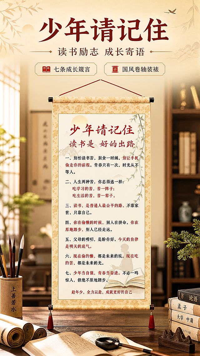 [商品] 使用【图1】少年请记住励志挂画；保留国风卷轴造型、米黄色花纹边框、红色流苏挂绳、七条励志文字内容、整体竖版比例与暖色调；清晰化文字与图案，不改变商品本体文字内容和结构。
[画面] 目标为氛围头图，展示产品全貌与励志主题；居中竖版悬挂构图，产品占画面约65%，背景为淡雅新中式书房虚化背景，前景有书卷、毛笔等文房小物点缀，前中后三层景深，阅读动线从上至下，突出庄重温暖的励志氛围。
[视觉] 套系策略：风格=国风新中式商业摄影；标题字=书法宋体粗体；正文字=简洁宋体；主色=米黄暖杏；背景延展=基于米黄暖杏做深浅层级、同色渐变和宣纸/木纹质感；强调色=朱红，仅用于小面积图标、引线和标签；标题色=深棕红；正文色=深褐灰；组件=圆角米底信息卡、细线引线；光影=左前侧暖柔光，逆光勾勒卷轴轮廓。
[文字] 上方主标题「少年请记住」，副标题「读书励志 成长寄语」，下方配2个短卖点「七条成长箴言」「国风卷轴装裱」，文字区不遮挡挂画主体文字内容，全部横排排版。
[规格] 图片比例9:16竖版，4K分辨率，避免变形、错字、文字过小、冷蓝/蓝灰背景、商品颜色改变、结构失真，禁用「最好」「首选」等极限词。