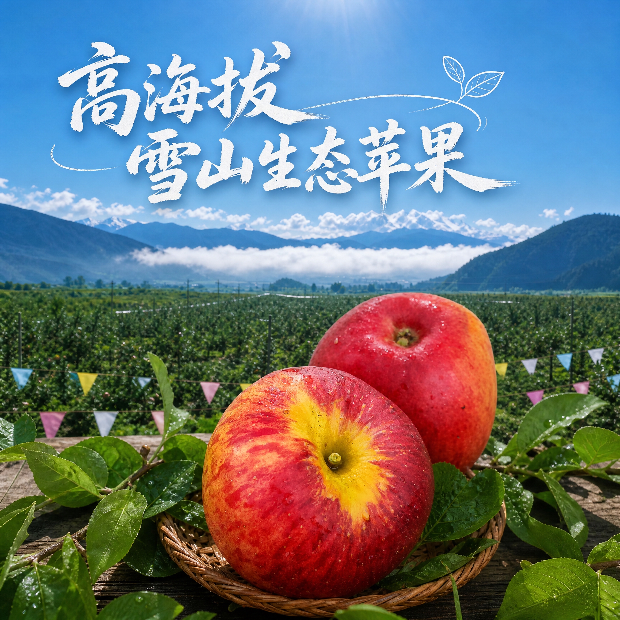 以第一张高海拔雪山苹果园风景图为背景主画面，将第二张图中手中的… - 图片创意预览
