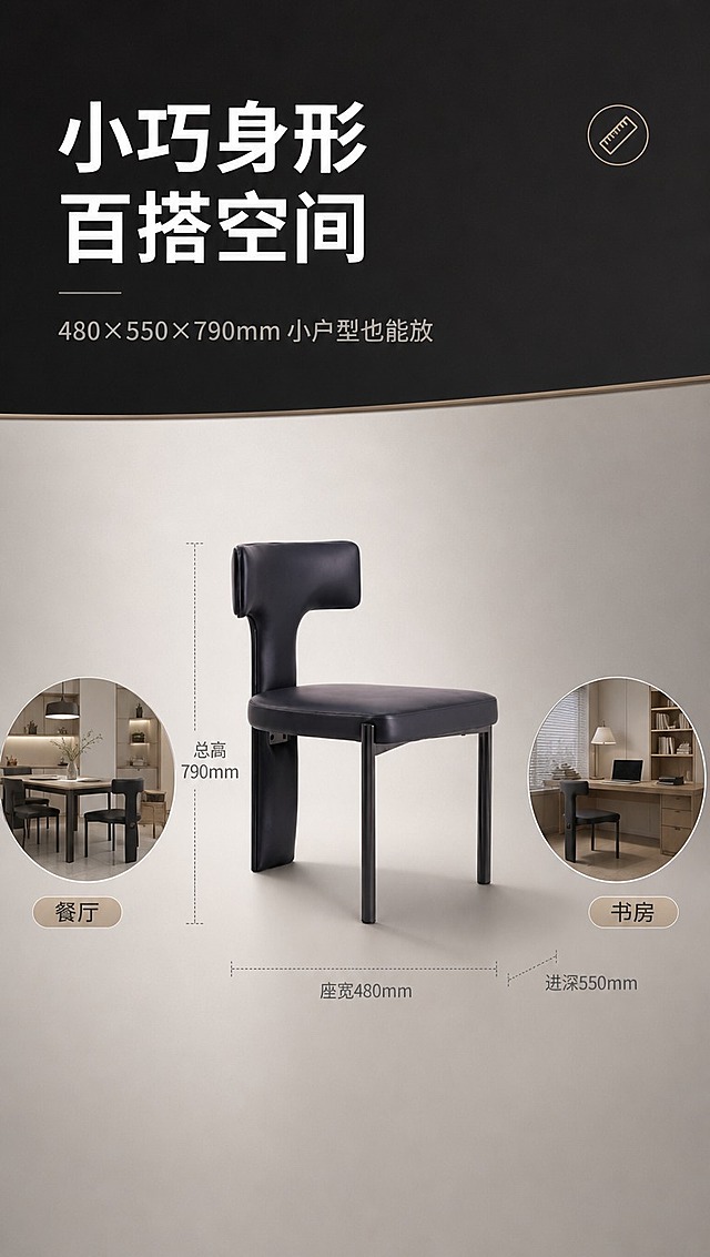 [商品] 使用【图1】DY-8856炭黑逸椅；保留产品结构、颜色、材质不变；产品正侧视角度，四周用虚线标注整体尺寸：宽480mm×深550mm×高790mm；背景为现代小户型餐厅+书房双场景小图示意，展示椅子在不同空间的适配性。
[画面] 目标：证明尺寸友好、小户型百搭；上文下景+尺寸标注版式；上半区约40%为深炭黑底文案区；下半区约60%中心为带尺寸标注的产品侧视图，产品占画面约40%；产品左右两侧各有一个小圆形场景缩略图——左侧餐厅场景、右侧书房场景，展示多空间适配；尺寸线用细灰线+数字标注，清晰不杂乱；阅读动线从上文标题→中心产品尺寸→两侧场景示意；背景为暖灰色渐变。
[视觉] 套系策略：风格=意式极简轻奢商业摄影；标题字=现代无衬线粗体（思源黑体Heavy）；正文字=简洁无衬线体（思源黑体Regular）；主色=深炭黑；背景延展=基于深炭黑做深浅层级、暖灰渐变和细腻哑光质感；强调色=灰钛金属色，仅用于小面积图标、引线和标签；标题色=白色（深底反白）；正文色=中暖灰；组件=细线尺寸标注、圆形场景框、金属质感icon；光影=左前侧暖柔光，产品右侧柔和阴影。
[文字] 上半区主标题「小巧身形 百搭空间」（8字），副标题「480×550×790mm 小户型也能放」（16字）；尺寸标注文字：「总高790mm」「座宽480mm」「进深550mm」；两侧圆形场景下方标签：「餐厅」「书房」；所有文字横排。
[规格] 图片比例9:16竖版，4K分辨率，负向提示：避免变形、错字、文字过小、尺寸标注错误、产品比例失真、冷蓝背景、极限词、平台Logo水印。