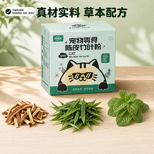 去掉画面中所有的独立小包装茶包、茶袋、茶粉、冲泡的茶汤、小碗、茶匙、白勺等小包产品相关物品；只保留大包装盒主体、草本原料（陈皮、竹叶、薄荷叶）和背景桌面；包装盒外观保持不变，画面整体风格、光影、配色、文字版式完全保留；移除小包后画面空缺处用草本原料或桌面纹理自然填充，保持构图平衡。