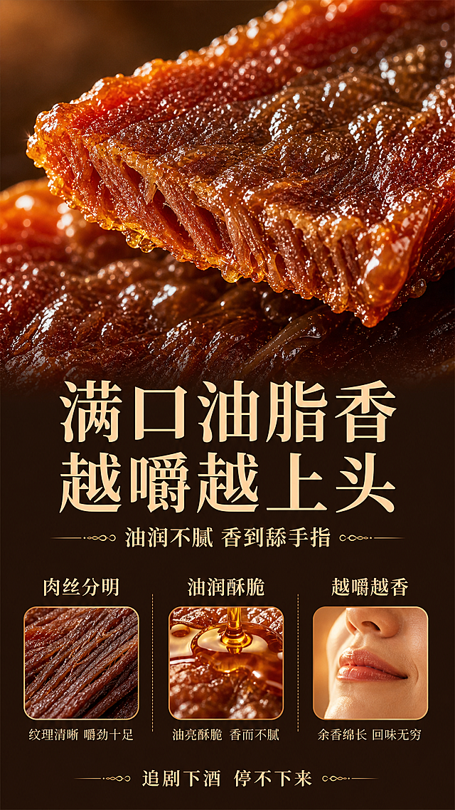 [第4张] 详情页口感质地特写-牛爆脆满口油脂香微距展示。本张使用【图2】作为牛肉干参考。
[氛围/风格] 食欲感、油润质感、微距特写、高级美食摄影、深棕暖调。
[元素布局] 画面上半部分为超大牛爆脆牛肉干微距特写，占画面约50%，清晰展示牛肉的肌肉纤维纹理、油润光泽和酥脆断面，阳光侧光下边缘通透发亮，油光诱人；下半部分为口感描述区，左右分栏展示三大口感亮点；背景为深棕色渐变。牛肉干颜色、纹理、质感与输入图一致。
[光影质感] 侧上方暖光，牛肉干表面油润有光泽，纹理清晰立体，断面酥脆层次分明，整体有食欲有高级感。
[配色色系] 全局底色 #3D2817 深棕渐变；主色深棕牛肉色；辅助色暖金、辣椒红。
[视角构图] 上特写下信息的上下构图，阅读动线从上到下。
[文字版式] 顶部大标题「满口油脂香 越嚼越上头」（宋体衬线，米黄色，超大号）；副标题「油润不腻 香到舔手指」（中号宋体，浅金色）；下方三栏并列展示：左栏「肉丝分明」配纹理小图，中栏「油润酥脆」配油光示意，右栏「越嚼越香」配回味表情；每栏都是图标+小标题+一行说明的结构。底部小字「追剧下酒 停不下来」。字体统一宋体衬线风格。
[比例分辨率] 9:16 竖版比例，2K分辨率，文字清晰可辨。
[负向提示词] 变形，水印，文字错乱，文字过小，虚假认证，医疗功效，绝对化用语，平台Logo