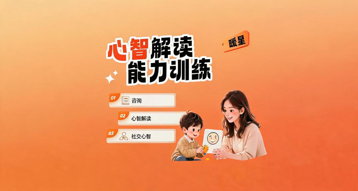 保持整体布局和配色风格不变，保留右上角"暖星"文字，修改标题为"心智解读能力训练"，列表1改为"咨询"，列表2改为"心智解读"，列表3改为"社交心智"，更换右侧人物互动场景为老师带小朋友做心智解读互动预览效果