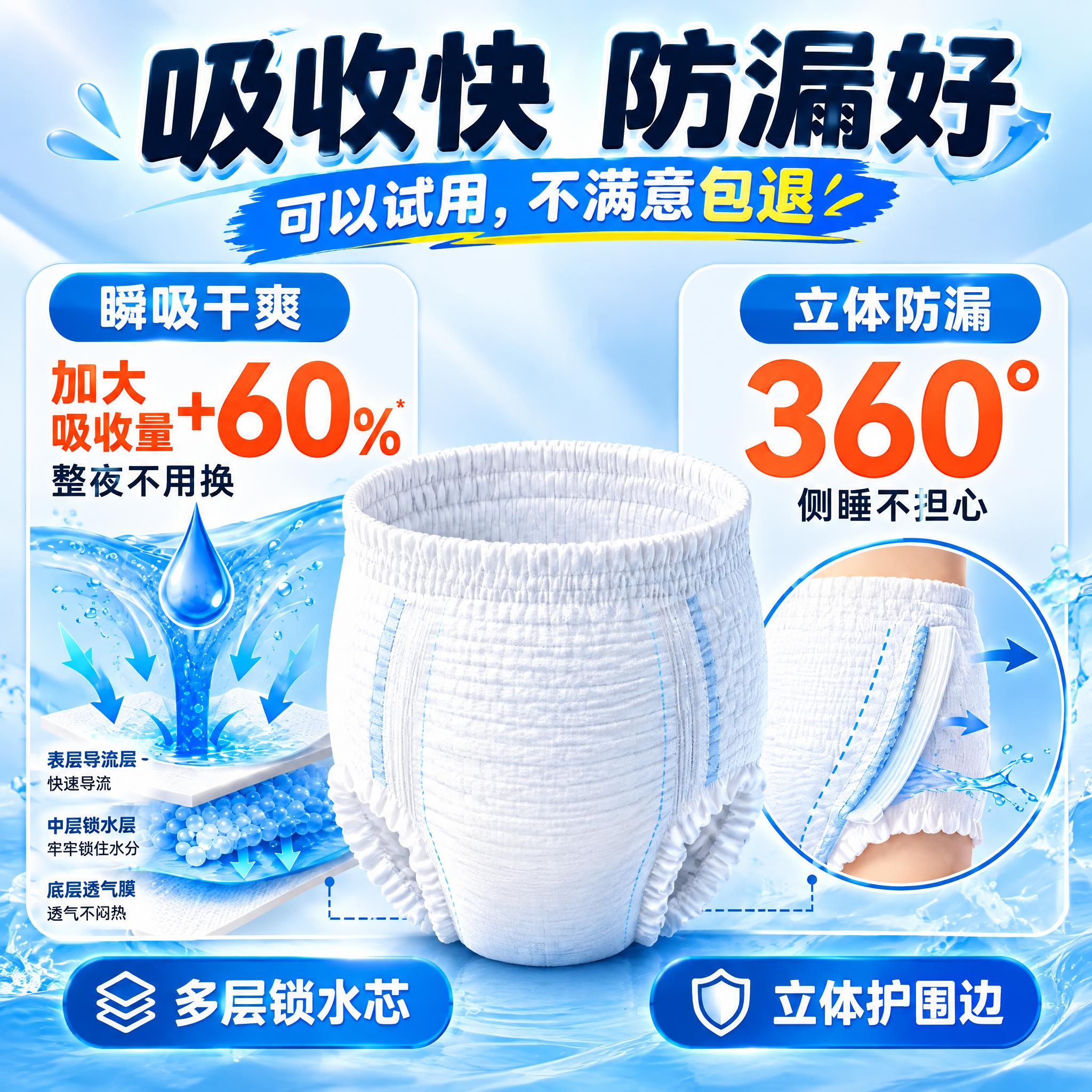 成人拉拉裤吸收快促销电商零售海报。画面展示白色成人纸尿裤，突出… - 图片创意预览