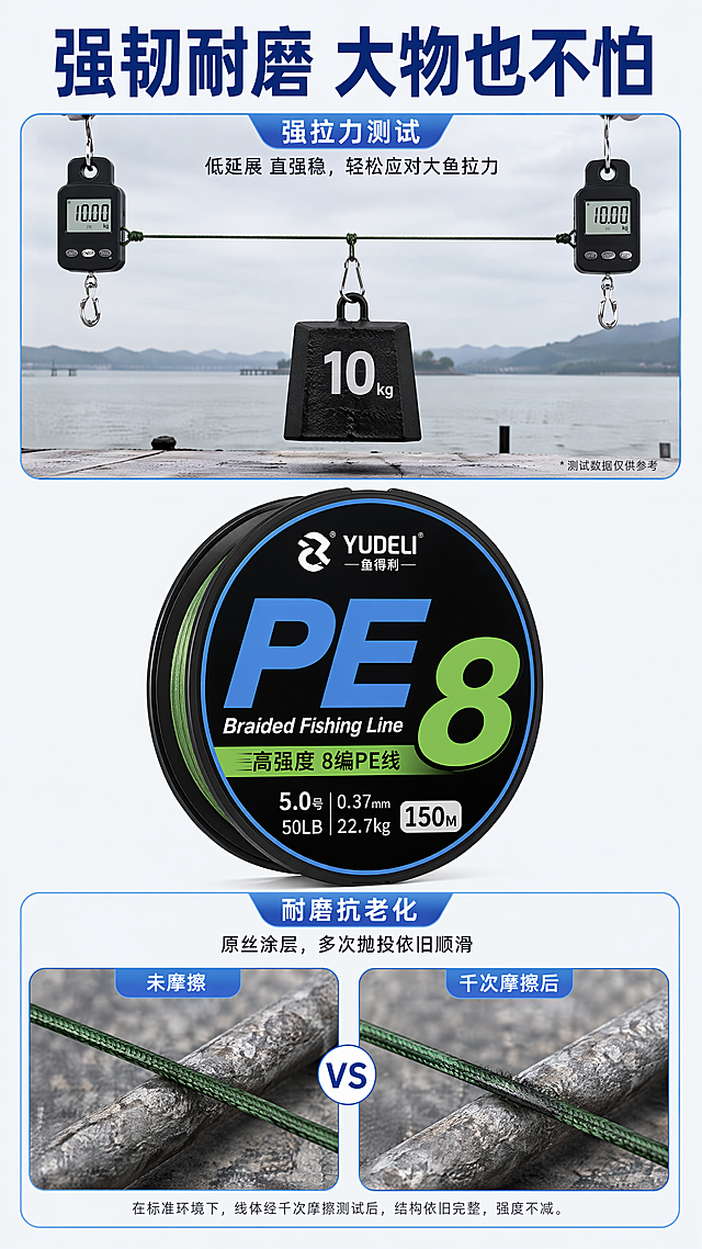[第4屏] 功能测试演示屏，展示8编PE鱼线强拉力耐磨特性，本屏使用【图1】产品主体。
[氛围/风格] 户外实测动感风格，浅灰色钓鱼场景背景，真实可信的测试效果展示。
[元素布局] 画面中心放置图1的鱼线线盘，保持产品外观和颜色不变。上下分区域展示测试效果，上方展示拉力测试示意图，鱼线拉直挂起重物，下方展示耐磨测试对比，使用千次摩擦后仍保持完整。产品中心占据约40%区域，上下两个测试区各占约30%，分层清晰。
[光影质感] 中心产品主光突出，上下测试区均匀补光，整体明暗层次清晰，产品和示意图都清晰可见。
[配色色系] 全局底色：#F5F8FA（浅灰蓝）；产品主体：保持原图黑蓝绿配色；测试区边框：#61A8E5蓝；标题文字：#111111黑。
[视角构图] 上中下三层竖版构图，中心产品，上下测试，分层阅读，动线清晰。
[文字版式] 顶部通栏标题「强韧耐磨 大物也不怕」，深蓝色加粗居中。上方测试区标题「强拉力测试」，说明「低延展 直强稳，轻松应对大鱼拉力」；下方测试区标题「耐磨抗老化」，说明「原丝涂层，多次抛投依旧顺滑」，文字清晰，每行不超过12字，适合手机阅读。
[比例分辨率] 9:16竖版比例，4K分辨率，文字清晰可辨，超高清。
[负向提示词] 产品变形，包装文字错乱，颜色偏差，测试示意图夸张失真，文字模糊，背景杂乱。
