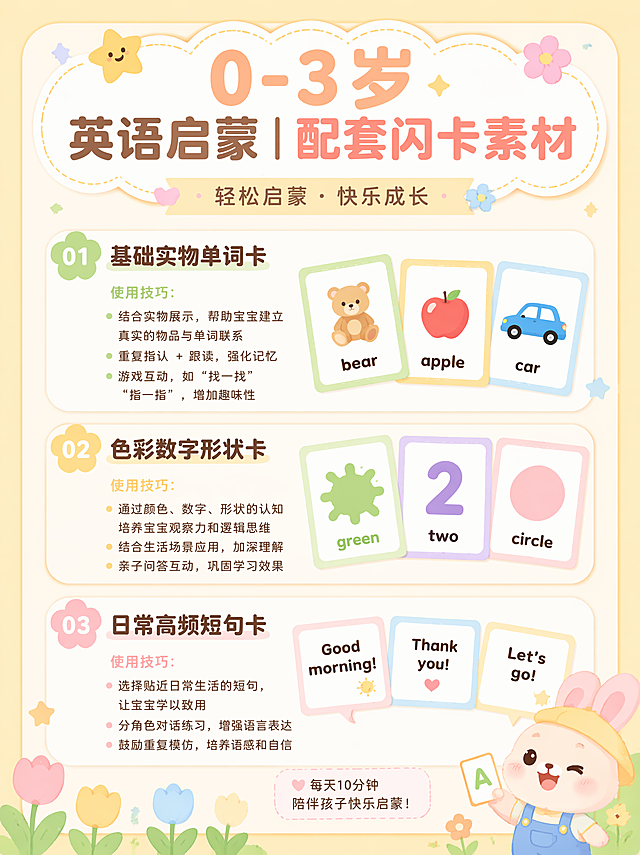 小红书竖版育儿信息图，比例为3:4，卡通可爱风格，马卡龙浅黄底色，圆角卡片设计，画面搭配卡通卡片、星星、小花朵装饰，童趣满满，标题醒目"0-3岁英语启蒙｜配套闪卡素材"，正文分点罗列：基础实物单词卡、色彩数字形状卡、日常高频短句卡，每个分类标注使用技巧，排版清晰，字体圆润，低饱和配色，温柔护眼，高清精致