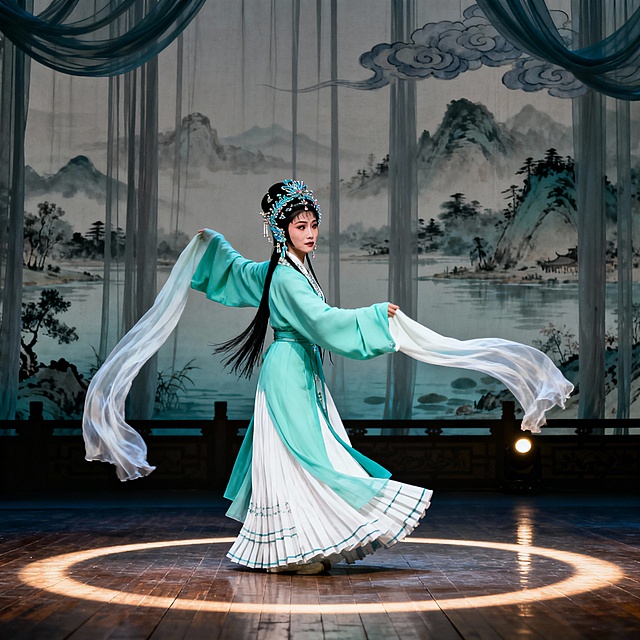 青衣水袖图
 
角色：白素贞（青衣）
 
姿态：双水袖抛撒如瀑布，侧身回望，悲戚眼神定格
 
舞台背景：手绘西湖山水软景，垂幔如云，脚灯投射弧形光晕
 
细节：头面点翠摇曳，裙袂千层褶，舞台木地板纹理清晰、