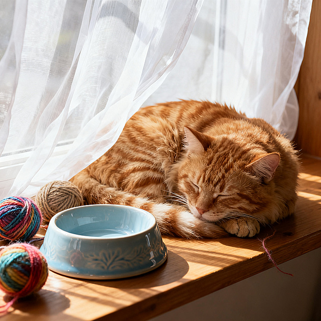 一只可爱的橘猫在铺满阳光的窗台上打盹，周围放着陶瓷猫碗和毛绒线球，背景是白色纱帘，温馨治愈风格，高清写实，光影柔和