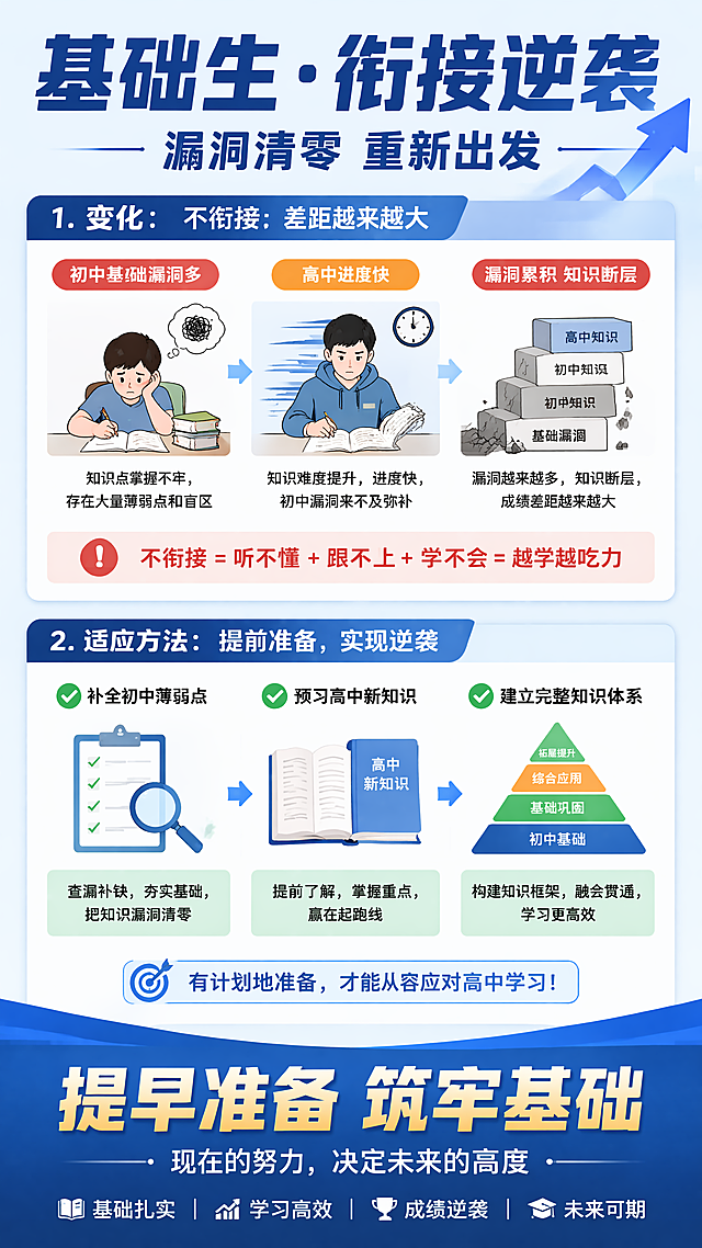 基础薄弱生初升高变化海报，主标题"基础生·衔接逆袭"，副标题"漏洞清零 重新出发"。核心内容：1.变化：初中基础漏洞多，高中进度快，漏洞累积知识断层，差距越来越大；2.适应方法：提前补全初中薄弱点，预习高中新知识，建立完整知识体系；结尾标语"提早准备 筑牢基础"。风格专业清晰，9:16竖版，适合朋友圈，构图分区明确，文字清晰。
