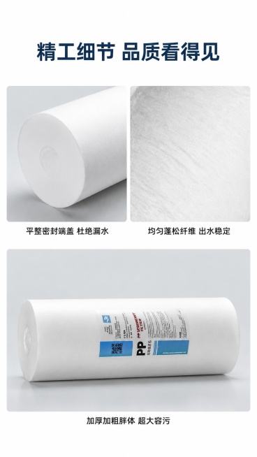 [第7屏] 产品实物细节-大胖PP棉滤芯多细节实拍展示。本屏使用【图1】作为产品基础，展示多个细节。
[氛围/风格] 写实静物实拍，无滤镜高清质感，干净工业产品摄影。
[元素布局] 顶部主标题，下方三预览效果