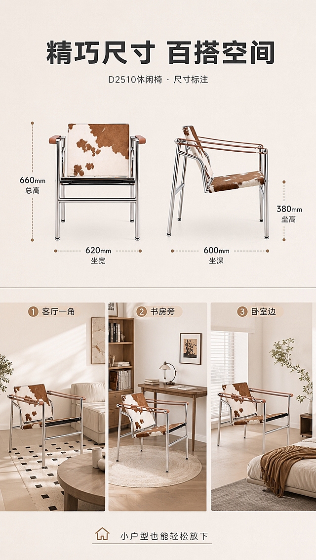[商品] 使用【图1】D2510休闲椅；保留产品完整外形、材质和比例；商品处理：保持产品原貌，尺寸标注清晰准确，融入多场景示意。
[画面] 目标：空间尺度与适配页，说明尺寸与多场景适用性；上下分区构图，上方约50%为椅子正侧视图+尺寸虚线标注（总高、坐宽、坐深、坐高），下方约50%为三格小场景横向排列（客厅一角、书房旁、卧室窗边），展示椅子在不同空间的适配效果；背景为浅米白干净空间，信息层级清晰。
[视觉] 套系策略：风格=高级大气亮调轻奢商业摄影；标题字=现代简约粗黑体；正文字=纤细无衬线体；主色=奶白+浅米杏；背景延展=基于奶白浅米做同色系深浅渐变、微水泥墙面质感、柔光漫射；强调色=奶咖棕，仅用于小面积图标、引线和标签点缀；标题色=深炭灰；正文色=中暖灰；组件=细线信息卡、极简引线、圆形序号标；光影=右前侧暖调自然光，柔和漫射，金属件有清晰高光反射。
[文字] 上方主标题「精巧尺寸 百搭空间」，尺寸标注数字清晰：总高660mm、宽620mm、深600mm；下方三格场景分别标注：「客厅一角」「书房旁」「卧室边」；底部小字补充「小户型也能轻松放下」；文字均横向排版，数字醒目。
[规格] 淘宝/天猫详情页，单屏比例9:16竖版，分辨率4K，负向提示：避免变形、错字、文字过小、冷蓝灰调、产品结构改变、尺寸标注错误、暗黑色系、杂乱背景、极限词。