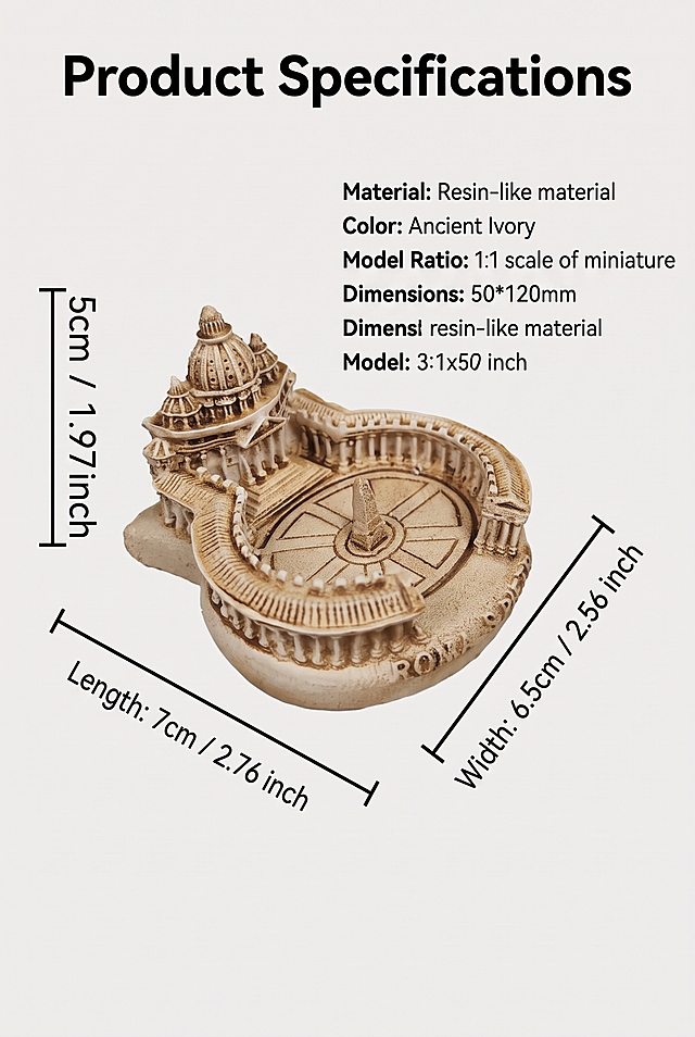 2:3 vertical product size parameter information poster. Strictly restore the uploaded St. Peter's Square miniature building model product image, including all details such as packaging design, color, LOGO position, text content, and pattern elements. Product size: length 7cm, width 6.5cm, height 5cm, product model size ratio remains 1:1. Light white clean background, ornament placed in the center, the frame has clear black dimension marking lines, marking 7cm/6.5cm/5cm, with inch synchronization marking. English main title at the top: "Product Specifications", text below lists size parameter information, clear bold sans-serif English font, parameter text placed on the right side of the ornament. Layout: middle product + dimension marking lines, right side parameter text, concise infographic style, realistic product photography, 2K high definition, parameters clear and intuitive.