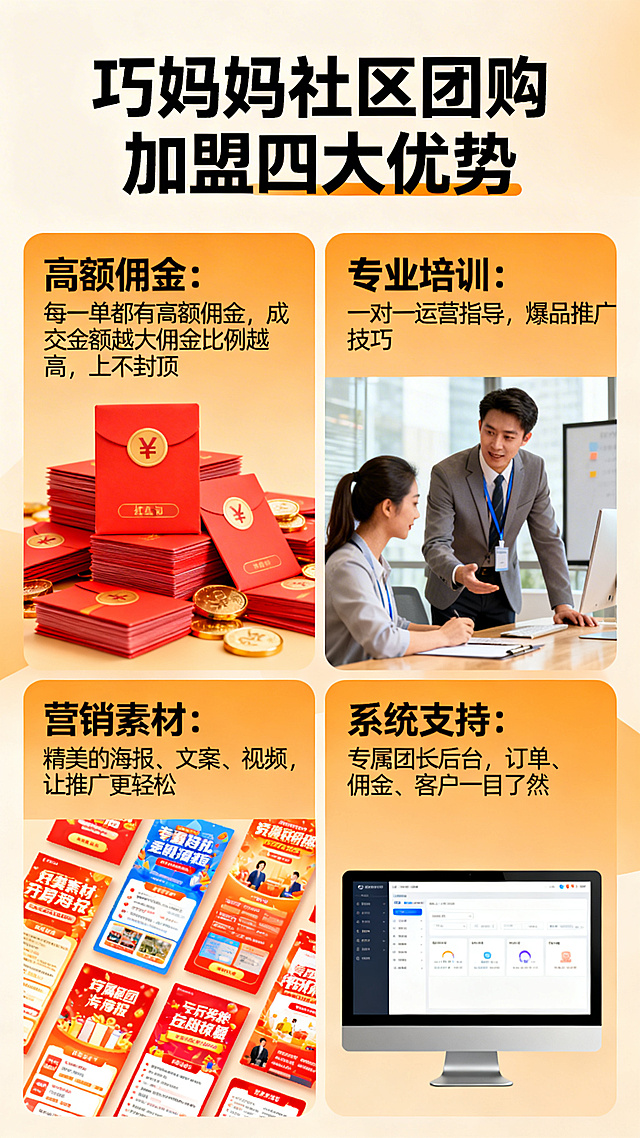 巧妈妈社区团购加盟好处宣传图，清晰展示四大加盟优势：1.高额的佣金：每一单都有高额的佣金，成交金额越大，佣金比例越高，上不封顶；2.专业培训：一对一运营指导，爆品推广技巧。3.营销素材：精美的海报、文案、视频，让推广更轻松。4.系统支持：专属团长后台，订单、佣金、客户一目了然。画面搭配佣金红包、培训指导、营销海报、后台界面等对应元素，风格吸睛有吸引力，暖色调为主
