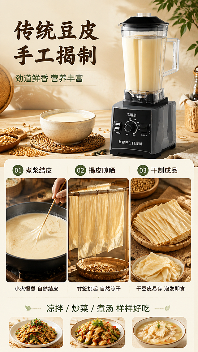 [第5张] 豆皮制作过程分步展示。本张使用【图1】作为商品主体。
[氛围/风格] 传统工艺风，质朴自然，商业摄影质感。
[元素布局] 画面上方豆浆机主体（占比约25%），旁边放一碗打好的浓豆浆；下方分三步展示：第一步「煮浆揭皮」（平底锅中豆浆表面结出一层薄豆皮，手用竹签轻轻挑起），第二步「晾晒定型」（竹制晾架上挂着多张半透明豆皮），第三步「成品展示」（竹篮中叠放整齐的干豆皮，旁边放泡发后的湿豆皮）；背景有竹编、麻布等传统元素；产品外观与输入图一致。
[光影质感] 侧上方暖光，突出豆皮的半透明质感和金黄色泽，阴影柔和自然。
[配色色系] 全局底色 #FAF6ED 暖杏白；主色金黄+米白；辅助色竹编棕、豆绿。
[视角构图] 正面平视+微俯视，上产品下三步流程，阅读动线从上至下。
[文字版式] 顶部主标题「传统豆皮 手工揭制」，副标题「劲道鲜香 营养丰富」。三步配序号「01 煮浆结皮」「02 揭皮晾晒」「03 干制成品」，下方说明文字「小火慢煮 自然结皮」「竹签挑起 自然晾干」「干豆皮易存 泡发即食」；底部加「凉拌/炒菜/煮汤 样样好吃」。文字清晰可读。
[比例分辨率] 9:16 竖版比例，4K分辨率，文字清晰可辨，高清画质。
[负向提示词] 产品变形，缺件错件，颜色偏差，水印，文字错乱，文字过小，产品图模糊，背景杂乱。