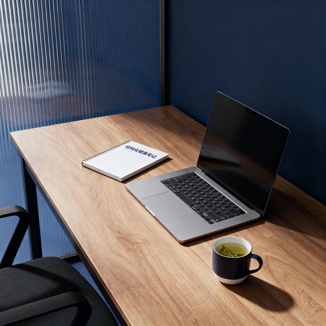 A minimalist workspace of a male professional, with a laptop, a notebook with structured notes on he预览效果