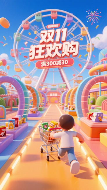 游乐场场景，近处有一个小人推着购物车向远处奔跑，购物车里装有几个商品，两侧是弯曲延伸的游玩设施关卡，设施上摆放着商品，远处终点是巨大的摩天轮，摩天轮上有3D标题“双11狂欢购”，下方小字“满300减3预览效果