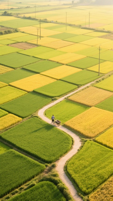 航拍视角下的广阔稻田景观，田野被分割成大小不一、形状各异的绿色与金黄色方块状田垄，色彩过渡自然和谐，阳光明媚照耀下呈现出明亮饱和的色调，光影对比清晰，一条蜿蜒曲折的浅色小路穿行于稻田之间，小路尽头有一个模糊的农人身影推着车，远处可见零星的电线杆和电线，整体画面展现出丰收季节稻田的壮丽与宁静氛围，构图采用俯瞰视角形成强烈的几何图案美感，细节丰富，色彩鲜亮，充满自然生机。预览效果