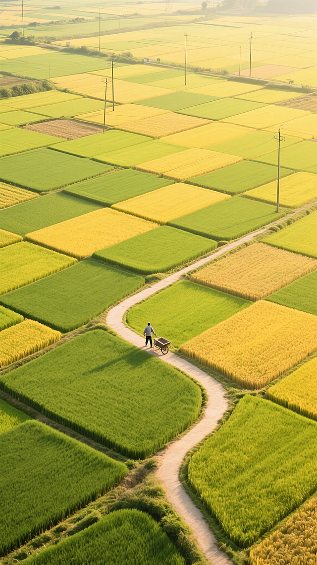 航拍视角下的广阔稻田景观，田野被分割成大小不一、形状各异的绿色与金黄色方块状田垄，色彩过渡自然和谐，阳光明媚照耀下呈现出明亮饱和的色调，光影对比清晰，一条蜿蜒曲折的浅色小路穿行于稻田之间，小路尽头有一个模糊的农人身影推着车，远处可见零星的电线杆和电线，整体画面展现出丰收季节稻田的壮丽与宁静氛围，构图采用俯瞰视角形成强烈的几何图案美感，细节丰富，色彩鲜亮，充满自然生机。