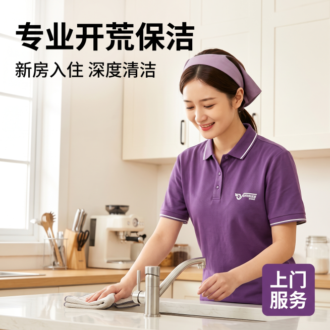 [主图-1] 保洁开荒服务首图 专业保洁服务形象展示。保持图中保洁员工紫色Polo衫和紫色头巾的装扮不变，完全保留原穿着颜色、款式和细节。保洁员工在整洁明亮的厨房场景中进行清洁工作，画面温馨专业。商业预览效果