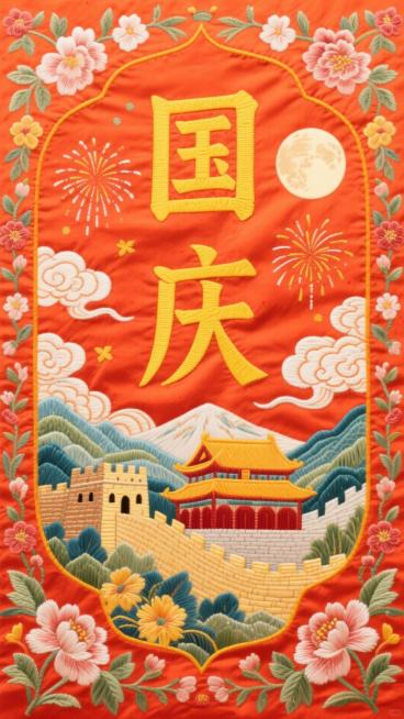 背景是红橙色，四周有花卉、祥云环绕装饰，粗宋体黄色字 “国庆“，字周围有云彩，背景是烟火、圆月。下方是天安门、山水，长城、花卉等元素预览效果