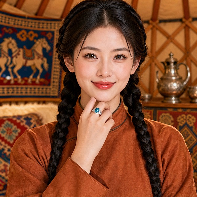 [主图-3-重做] 主题：模特正面佩戴图，纯银戒指正常佩戴在人物手指上，戒指样式必须严格复刻参考图【图75】。
[统一基调] 风格=蒙古族风高级商业摄影；主色=暖驼色；辅助色=深蓝蒙古织锦、珊瑚红、绿松石点缀；本图不出现任何文字；光影=暖金室内柔光。
[商品复刻] 戒指必须与【图75】完全一致：银白开口可调戒圈且戒臂较宽、宽大椭圆形戒面、戒面两侧明显的涡旋纹（卷草纹）浮雕、宝石周围一圈密集滚珠边、中央深蓝绿色绿松石蛋面并带明显深色铁线网状纹理；不得改成圆形宝石、不得去掉涡旋纹和滚珠边、不得把戒臂做细。
[画面] 戒指真实戴在年轻蒙古族女性手指上（食指或中指），戒圈贴合指根、戒面朝上、接触点真实不悬浮；人物长相与【图21】参考人物保持一致（同一蒙古族女性，脸型、五官、发型一致），单手自然抬起展示戒指，面部清晰可见；身穿无领饰的纯色蒙古袍，背景为蒙古包内景、挂毯、铜壶，整体构图仿照【图21】正面半身版式；人物除该戒指外不佩戴任何其他首饰：无耳环、无项链、无手链、无其他戒指、无腰饰、头发上无任何发饰/发绳/发扣/珠子。
[光影质感] 柔暖自然光，人物面部与手部柔和自然，银饰与绿松石高光清晰，戒指与皮肤接触真实，服装质感真实。
[配色] 暖驼、深蓝、珊瑚红、绿松石绿、银白统一蒙古族风色系。
[输出要求] 1:1正方形高清，戒指样式与参考图完全一致，佩戴位置真实不悬浮、不变形，人物面部与手部不变形，除戒指外无任何其他首饰，画面无任何文字，无水印、无平台Logo。