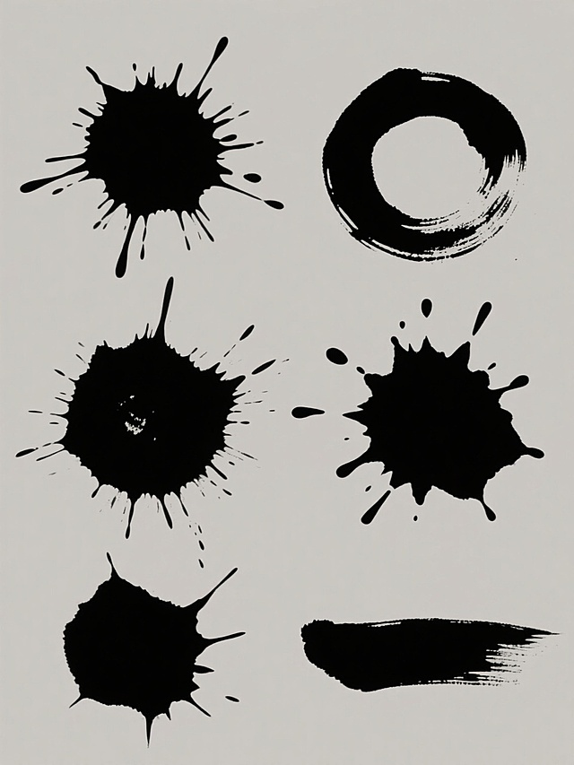 纯色背景上，六个造型完全不同的黑色泼墨元素规整排布组成的系列素材集合，每个泼墨元素均保持原始的粗犷笔触质感、边缘飞白效果和自然晕染过渡，整体风格统一为极简水墨风，无任何文字
