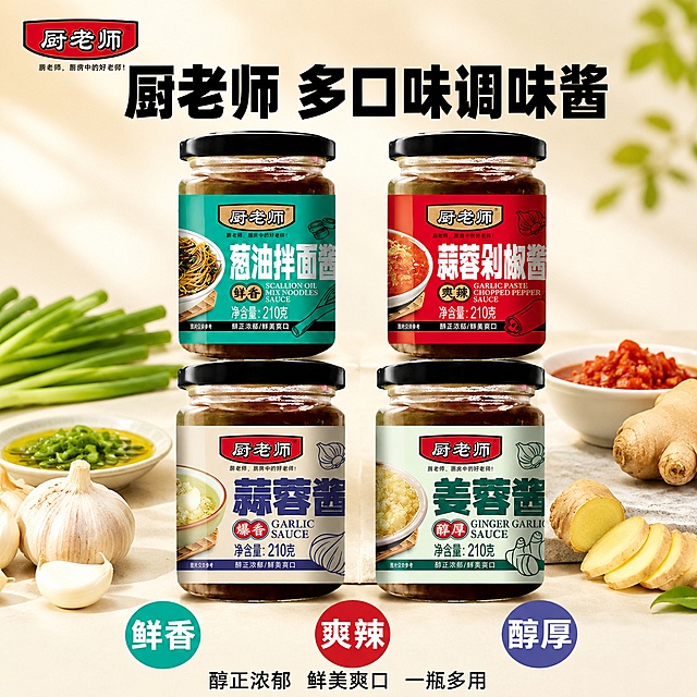 [单张主图] 厨老师多口味调味酱组合电商主图，爆款促销感主图，适配抖音兴趣电商，目标是突出产品食欲感，吸引用户点击下单。[画面主体] 展示四瓶厨老师调味酱（葱油拌面酱/蒜蓉剁椒酱/蒜蓉酱/姜蓉酱），两瓶在上两瓶在下整齐排版，产品居中，整体占画面约60%，保持产品外观（瓶身形状、标签配色、品牌Logo、文字信息）与输入产品图绝对一致，杜绝任何变形、色差和文字模糊，精细化处理每一处瓶身细节。[构图版式] 使用双主体清爽背书型版式，四瓶产品整体错落排布在画面中下部，占比约60%。[场景元素] 背景是浅米色渐变到暖白色的干净留白，搭配少量新鲜的葱、蒜、生姜原料作为点缀道具，放置在产品周围，不遮挡瓶身主体；左上角保留原产品的厨老师品牌Logo，保持字形颜色比例不变；底部放置三个圆形轻章，分别标注核心卖点。[文案版式] 左上品牌位放置原品牌Logo，顶部大标题文字为"厨老师 多口味调味酱"，加粗黑色最大号字体；三个圆形轻章分别标注"鲜香""爽辣""醇厚"，白色文字搭配对应酱料标签的主色背景；底部小字标注"醇正浓郁 鲜美爽口 一瓶多用"，黑色小号轻量字体，所有文字清晰可读，不遮挡产品主体。[光影质感] 采用自然柔光，主光从左前方打来，给瓶身留下柔和高光和清晰轮廓投影，背景浅景深虚化，葱蒜生姜道具自然受光，整体光线通透均匀，产品清晰真实，商业摄影高级质感。[配色字体] 主色调为米白浅暖，辅助色提取四个产品标签的绿、红、浅紫、浅绿，配色清新有食欲，字体选用粗黑无衬线主标题，干净清爽无衬线小字，字重对比分明，文字与背景对比强烈清晰可读。[比例分辨率] 1:1比例，2K分辨率，文字清晰可辨，超高清商业摄影质感。[负向提示词] 变形，文字错乱，产品图模糊，背景杂乱，水印，电商平台Logo，错字，糊字，伪Logo，主体遮挡，低清晰度，错误结构